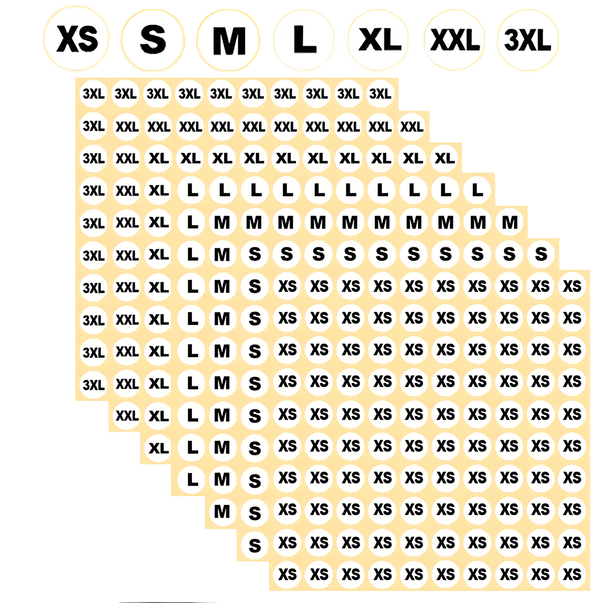 Sheets of round white merch size stickers, XS to 3XL, fanned out below a row of the seven size labels