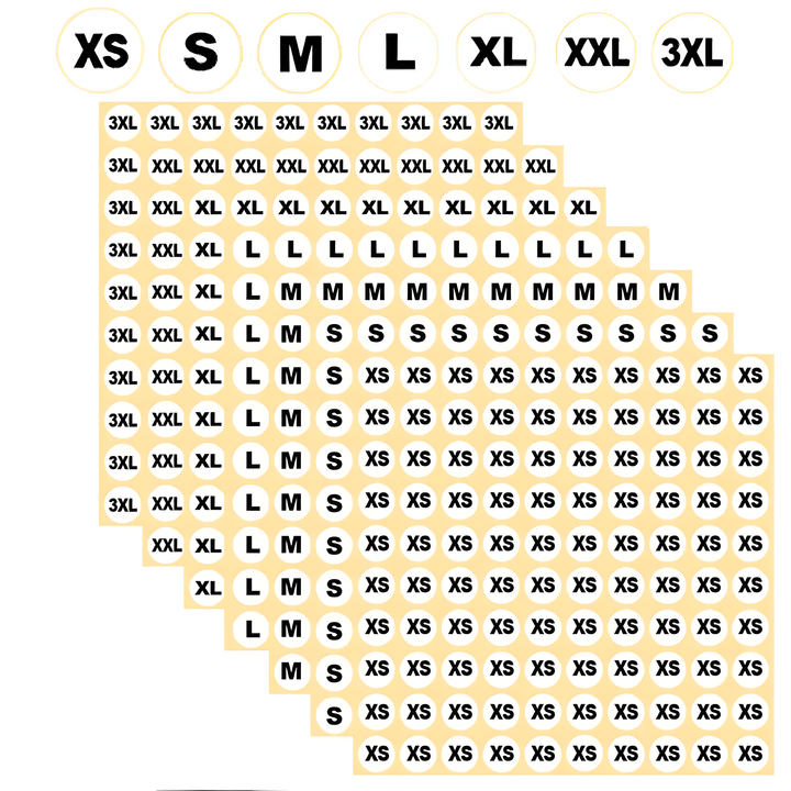 Sheets of round white merch size stickers, XS to 3XL, fanned out below a row of the seven size labels