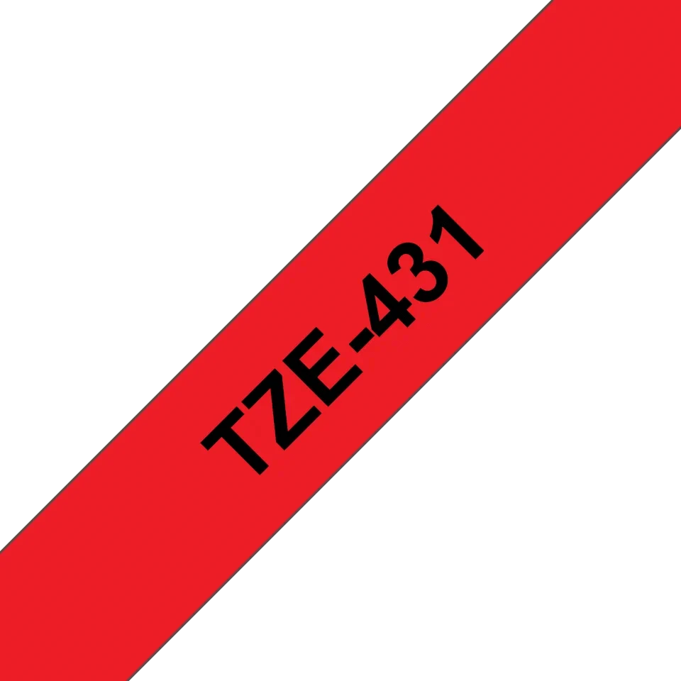 Black on red 12mm label tape sample printed TZE-431