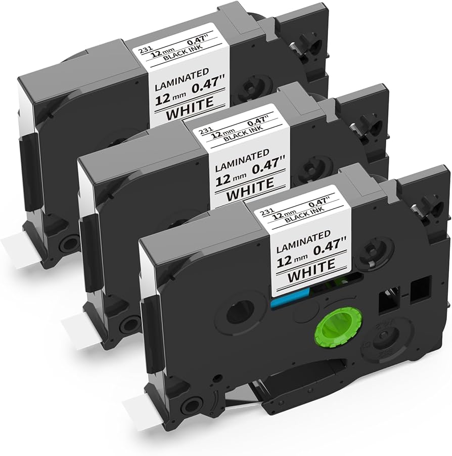 Three 12mm TZe-compatible label cassettes, marked laminated black on white, with white tape showing