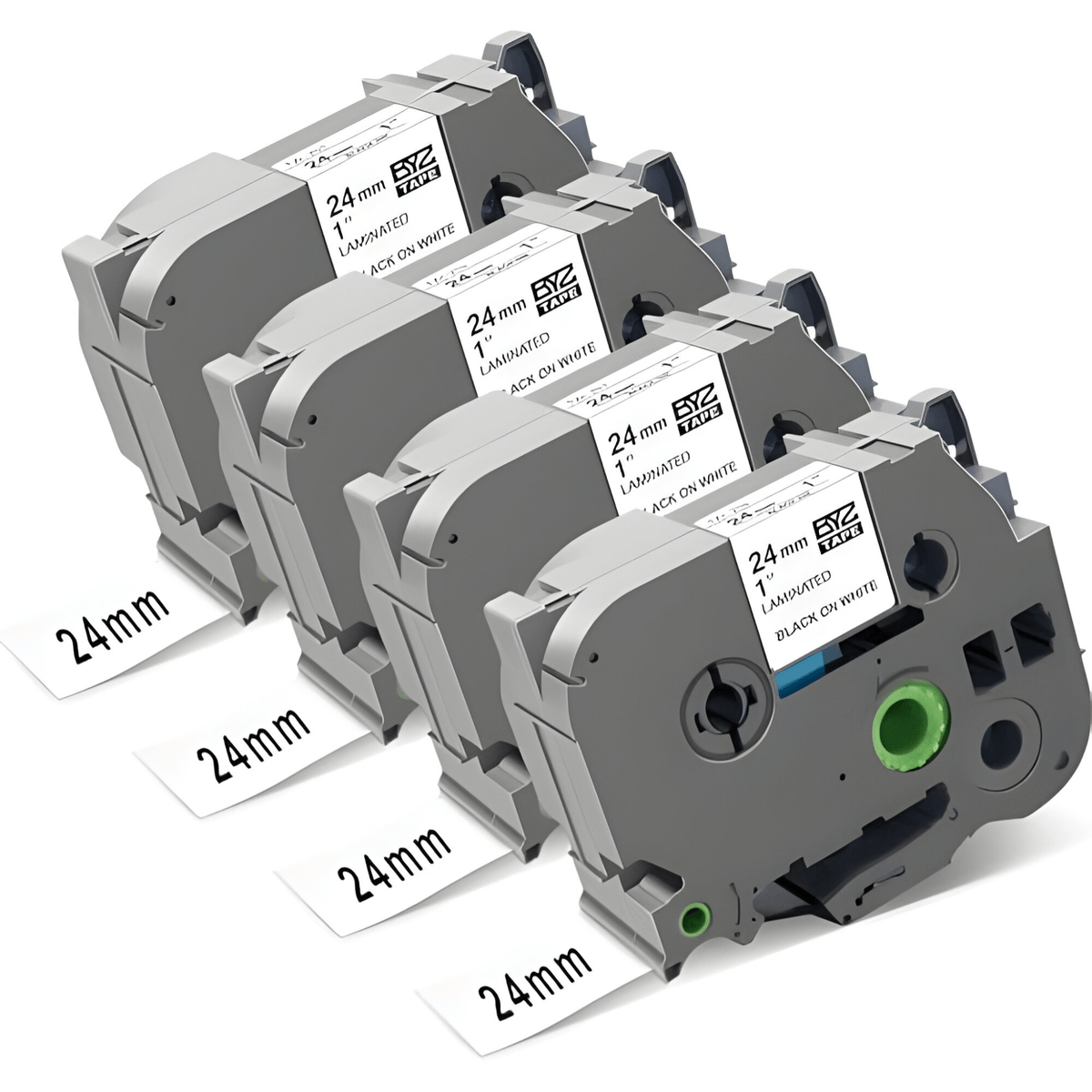 Four 24mm TZe-compatible label cassettes marked laminated black on white, each with a printed 24mm label strip