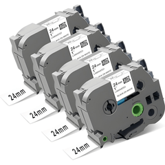 Four 24mm TZe-compatible label cassettes marked laminated black on white, each with a printed 24mm label strip