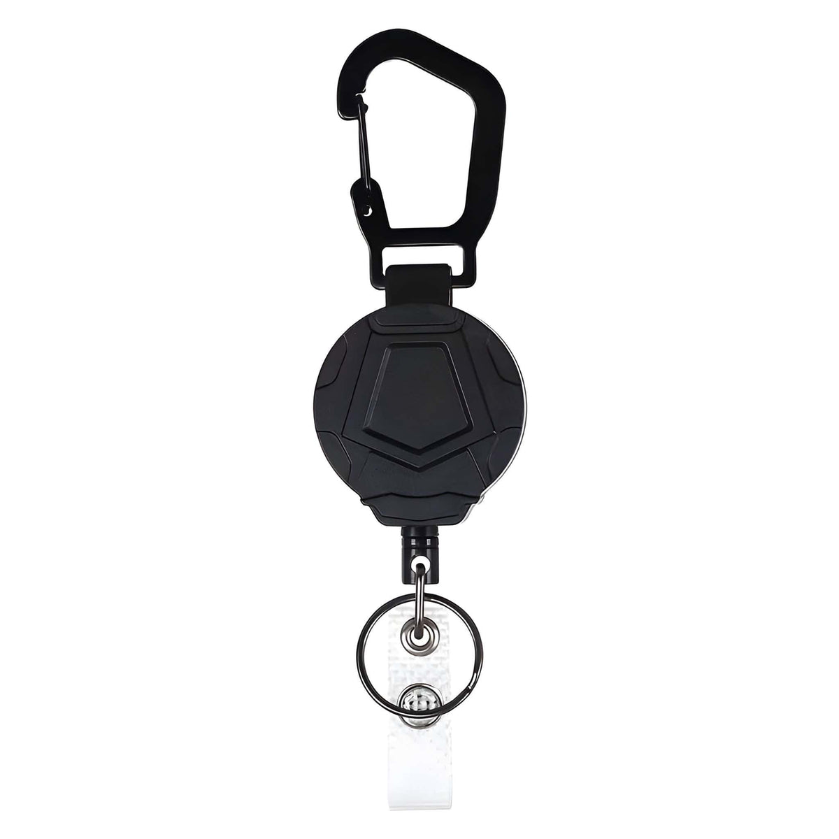 Black retractable carabiner badge reel with round housing, split key ring and white badge strap, front view