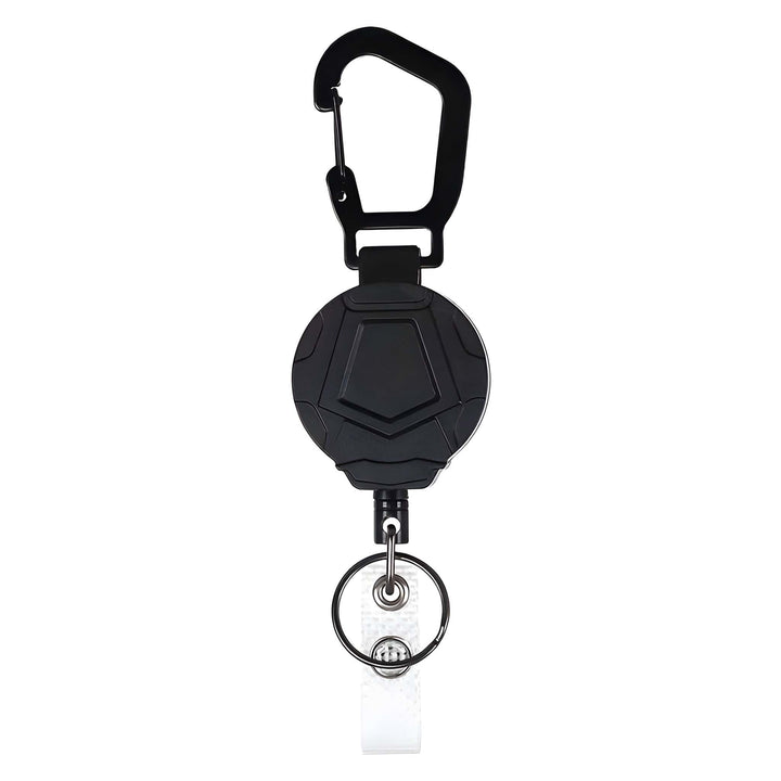 Black retractable carabiner badge reel with round housing, split key ring and white badge strap, front view