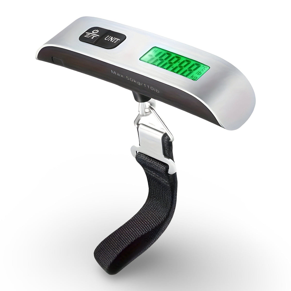 Silver digital luggage scale with green backlit display, 0/T and UNIT buttons, and a black webbing strap on a metal hook