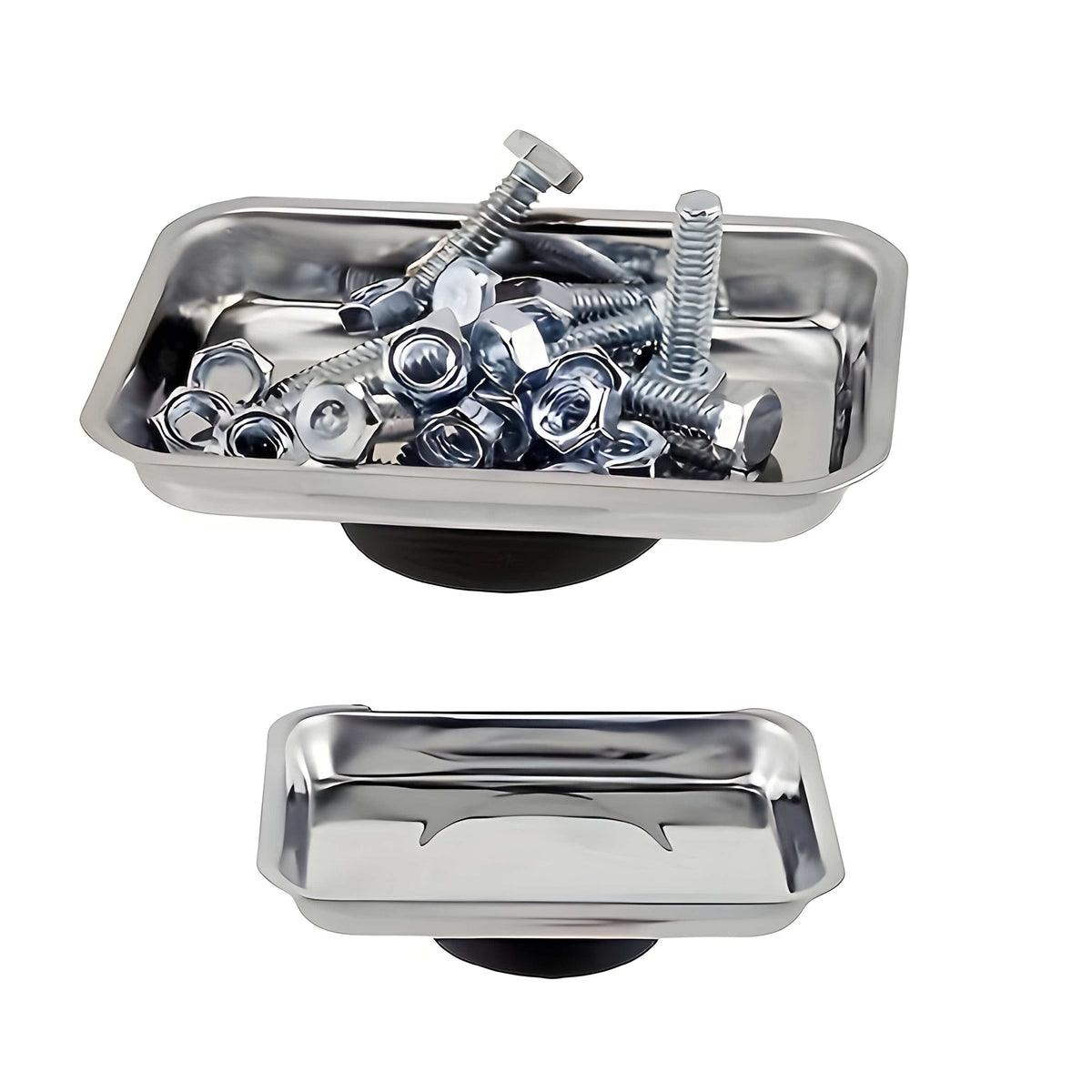 Magnetic parts tray loaded with nuts and bolts shown above a second, empty tray with its black magnetic base