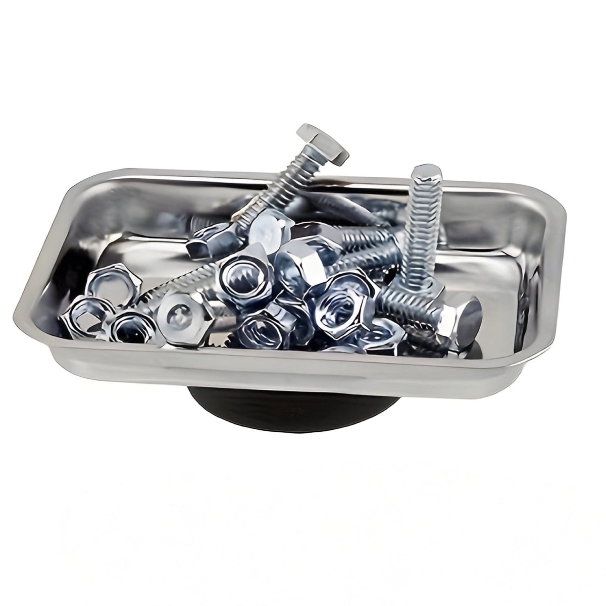 Small rectangular polished-metal magnetic parts tray full of steel nuts and bolts, black magnetic base underneath
