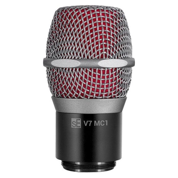sE V7 MC1 capsule in standard grey for Shure wireless: silver-grey grille over red windscreen, black body printed sE V7 MC1