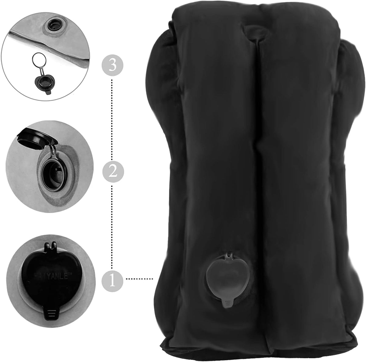 Back of the black inflatable pillow with numbered close-ups of its inflation valves and caps