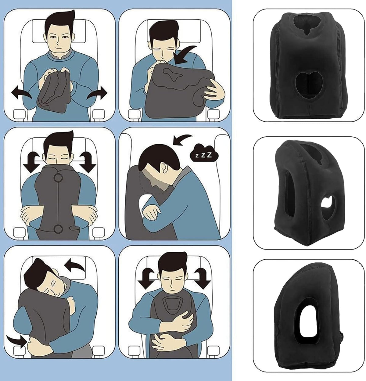 Step-by-step drawings of inflating the pillow and sleeping forward on it in a seat, with front, side and rear views