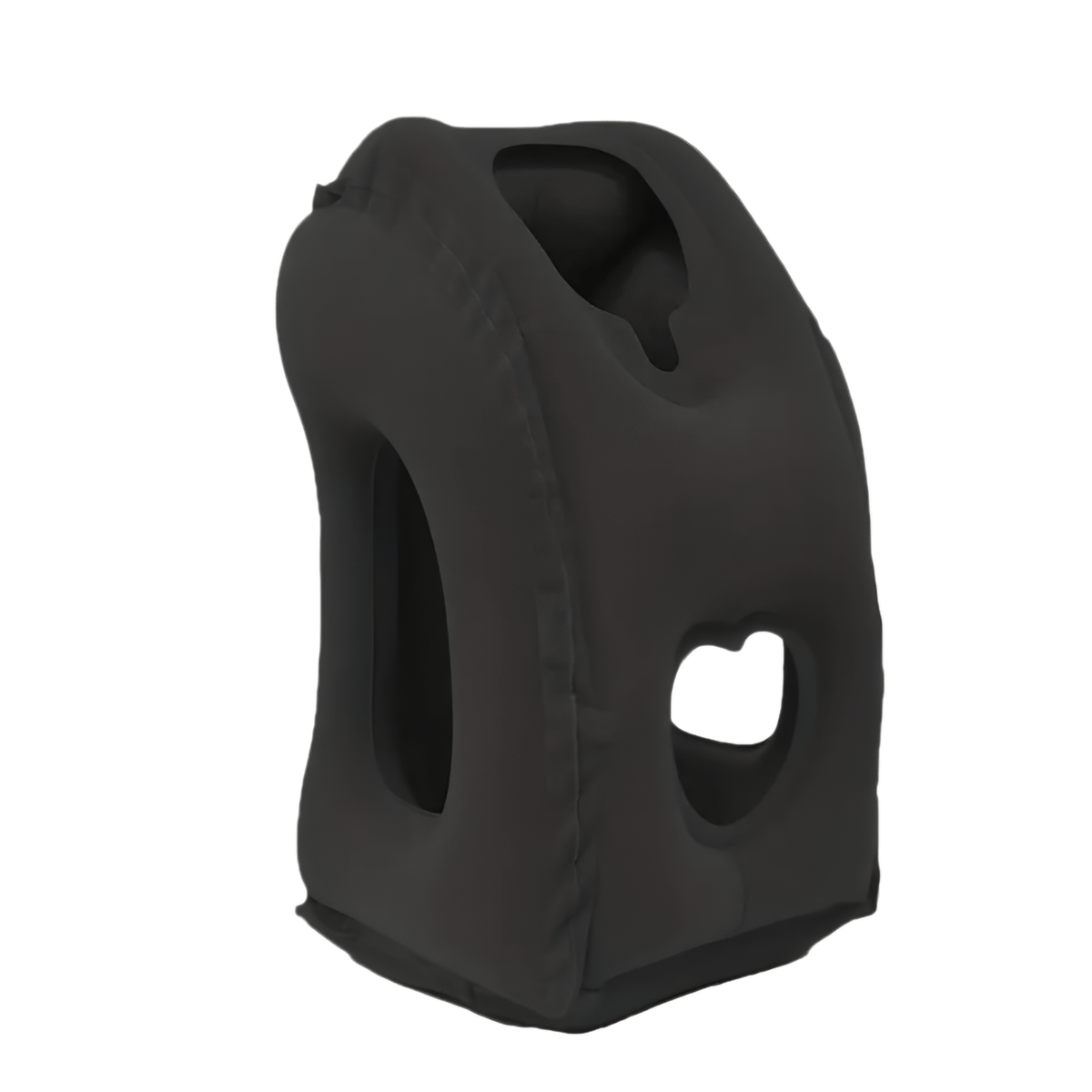 Black inflatable travel pillow, three-quarter view showing the face recess on top and an arm opening through the side