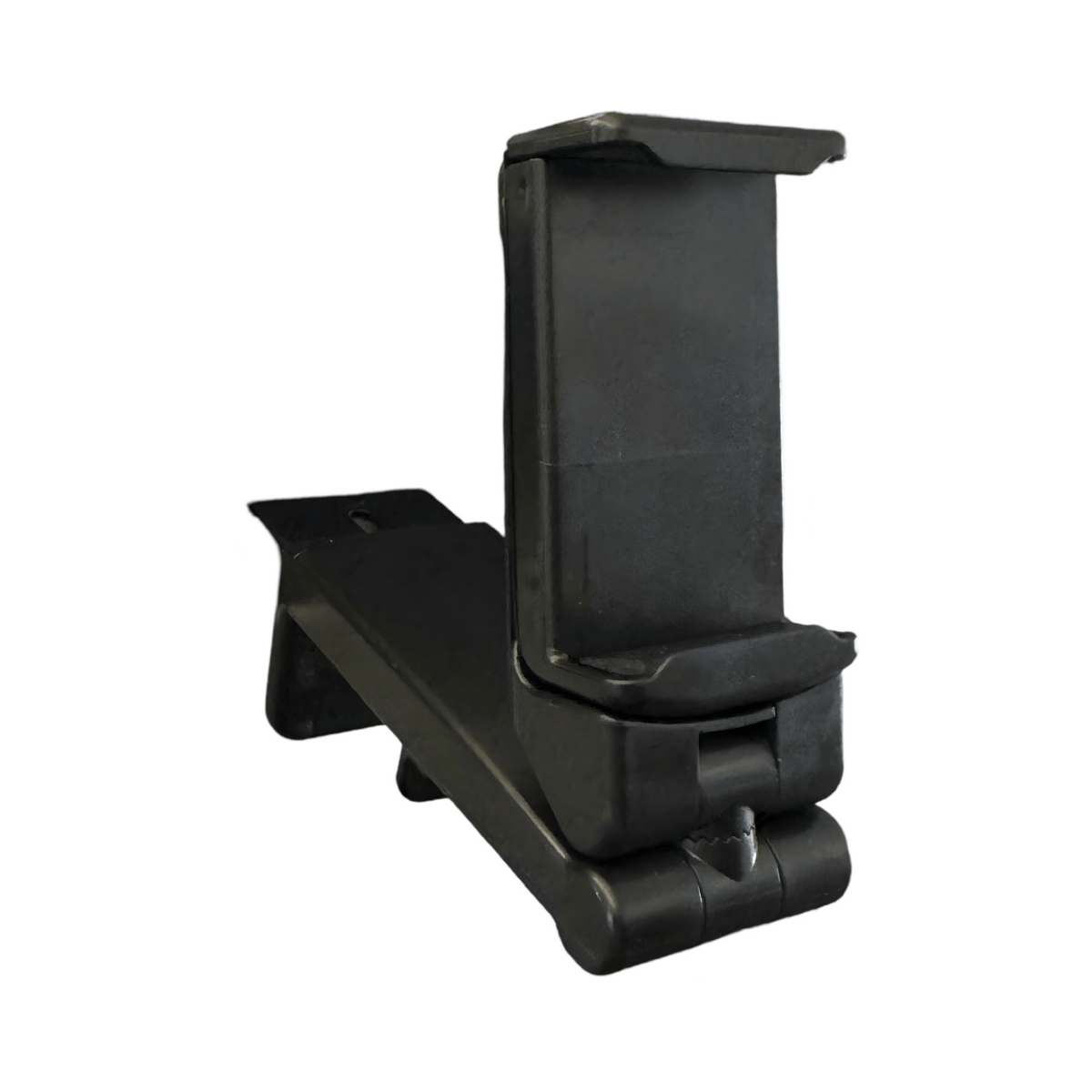 Black adjustable phone holder on its own, showing the phone grip, folding hinge and clamp arm