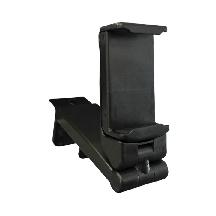 Black adjustable phone holder on its own, showing the phone grip, folding hinge and clamp arm