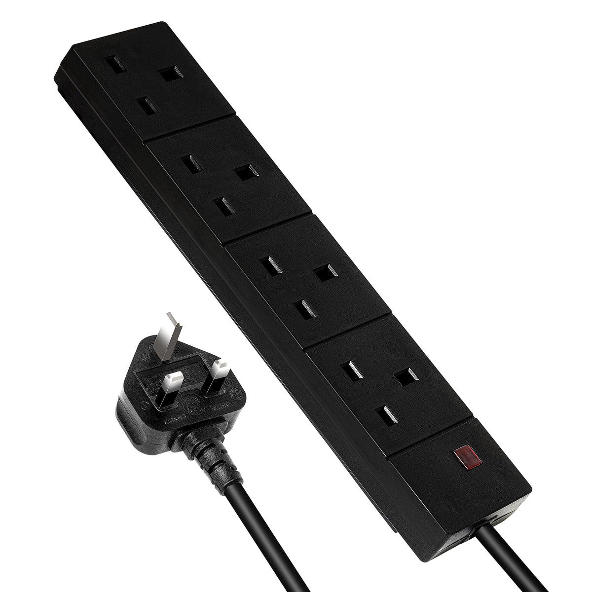PRO ELEC black 4 way UK extension lead with UK plug and red neon indicator at the end of the socket block