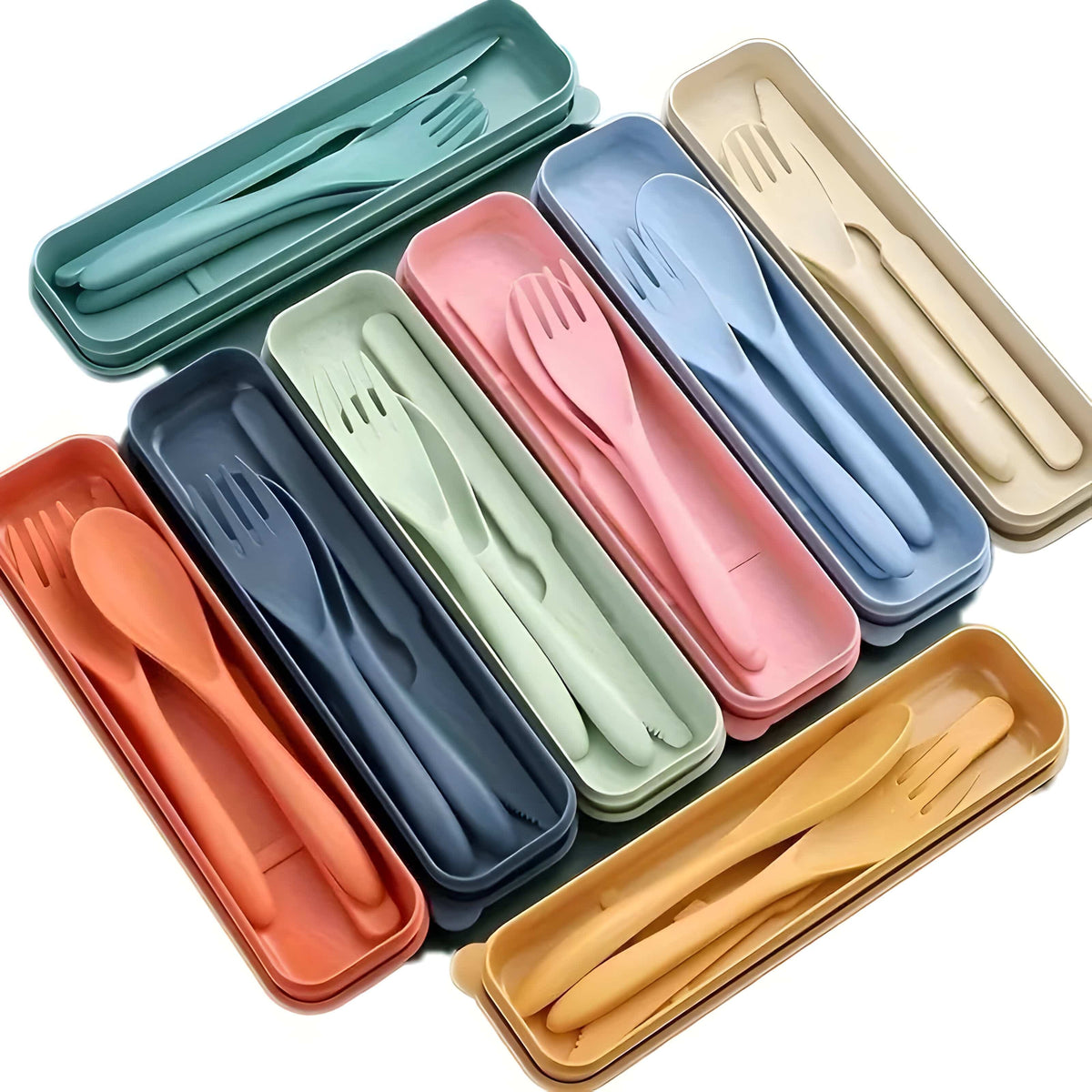 Reusable travel cutlery sets in eight colours, each fork, knife and spoon lying in an open plastic carry case