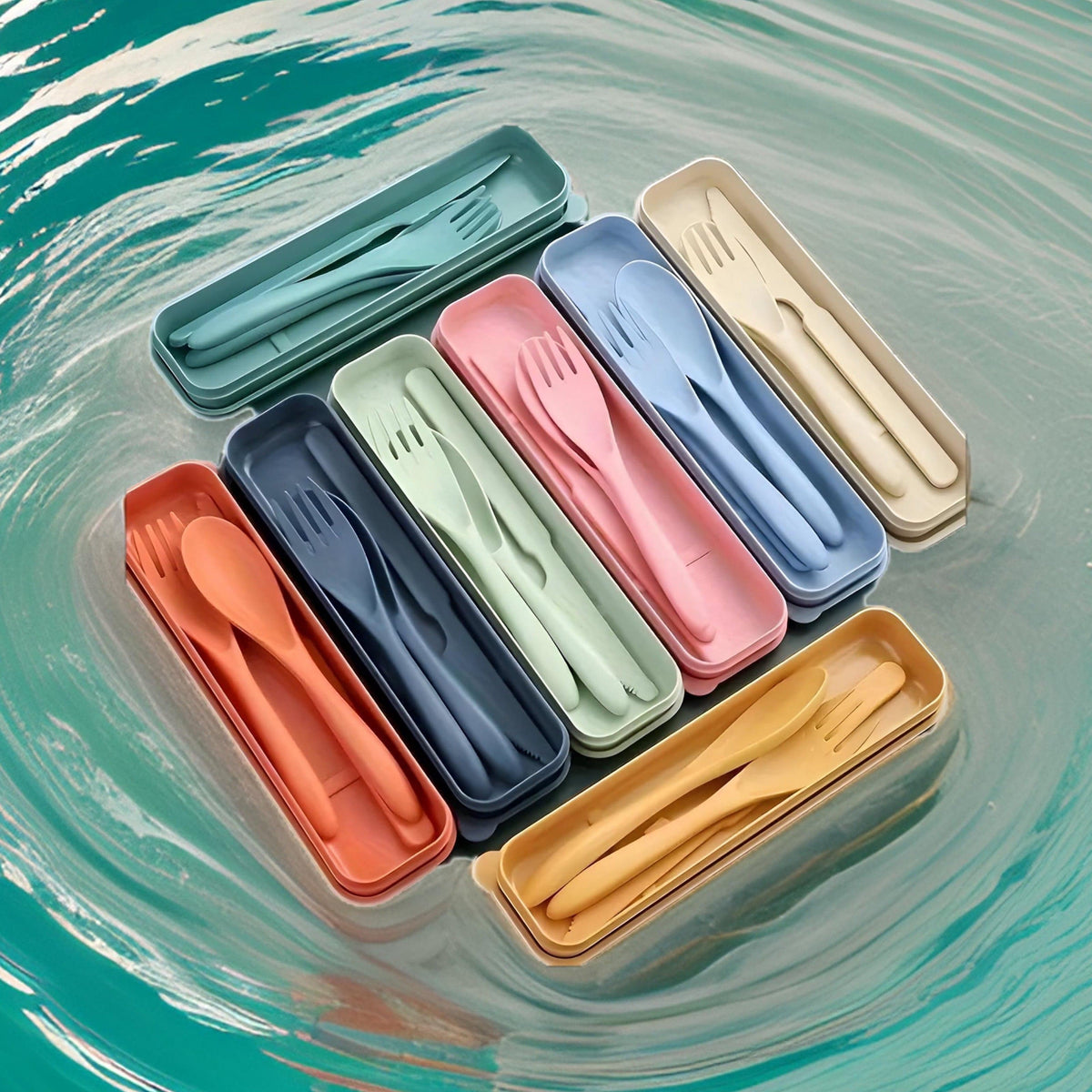 Row of reusable cutlery sets in open cases arranged on rippling turquoise water, showing the colour range