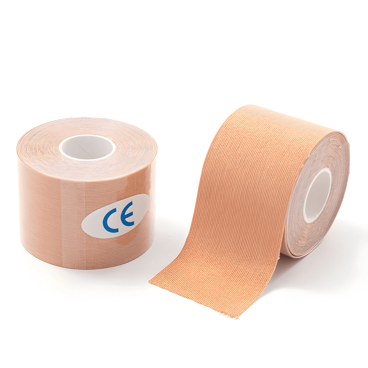 Two rolls of light skin-tone 50mm skin tape, one partly unrolled, with a CE mark printed on the side of the roll