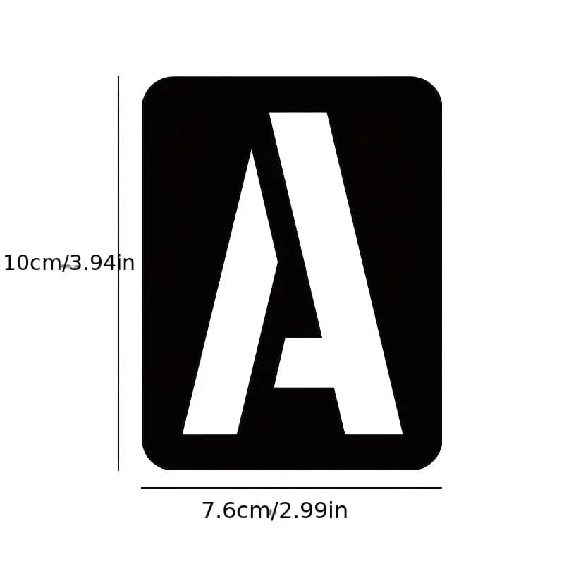Single letter A stencil with dimensions marked: 10cm (3.94in) tall by 7.6cm (2.99in) wide