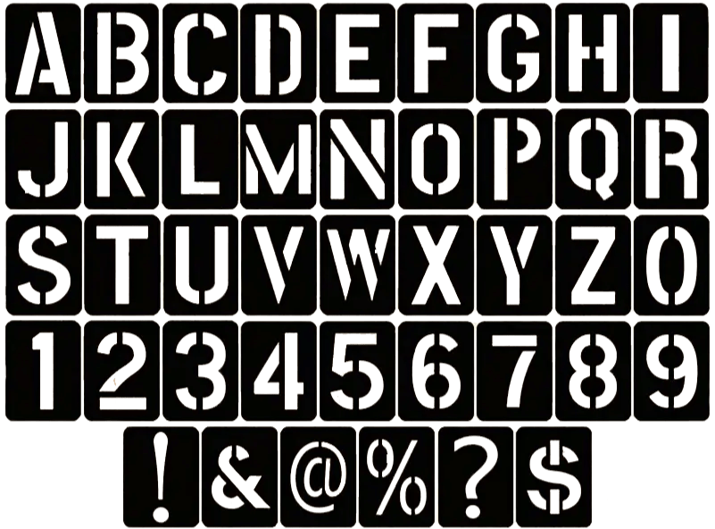 Wide layout of the 42 roadcase stencils: alphabet on three rows, numbers 1 to 0, symbols below