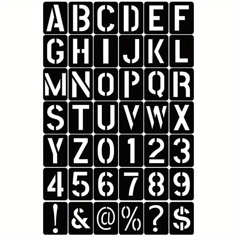 Full set of 42 black roadcase stencils in a grid: letters A–Z, numbers 0–9 and ! & @ % ? $ symbols