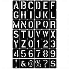 Full set of 42 black roadcase stencils in a grid: letters A–Z, numbers 0–9 and ! & @ % ? $ symbols