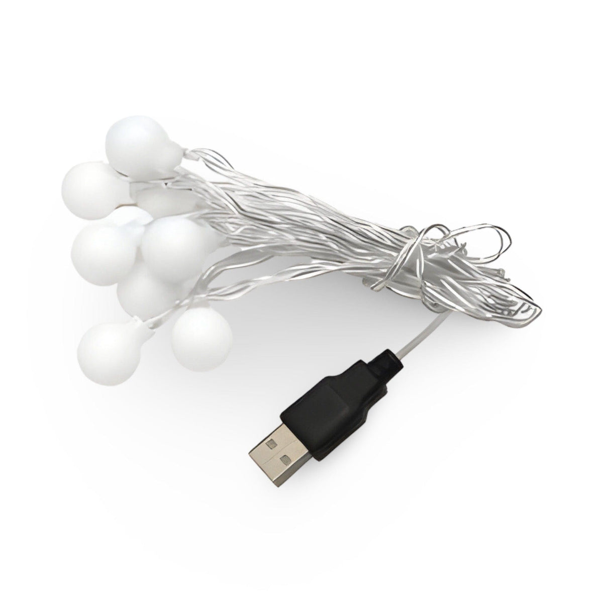 Coiled USB globe light string: ten frosted white globe bulbs on silver wire with a black USB-A plug