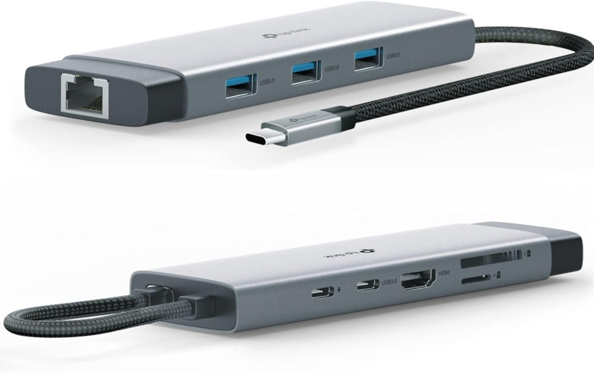 TP-Link UH9120C USB-C hub from both sides: Ethernet and three USB-A ports, then USB-C, HDMI, SD and microSD slots