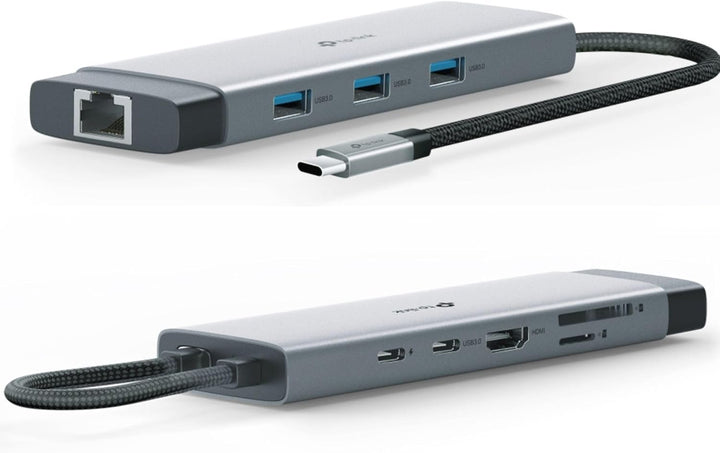 TP-Link UH9120C USB-C hub from both sides: Ethernet and three USB-A ports, then USB-C, HDMI, SD and microSD slots