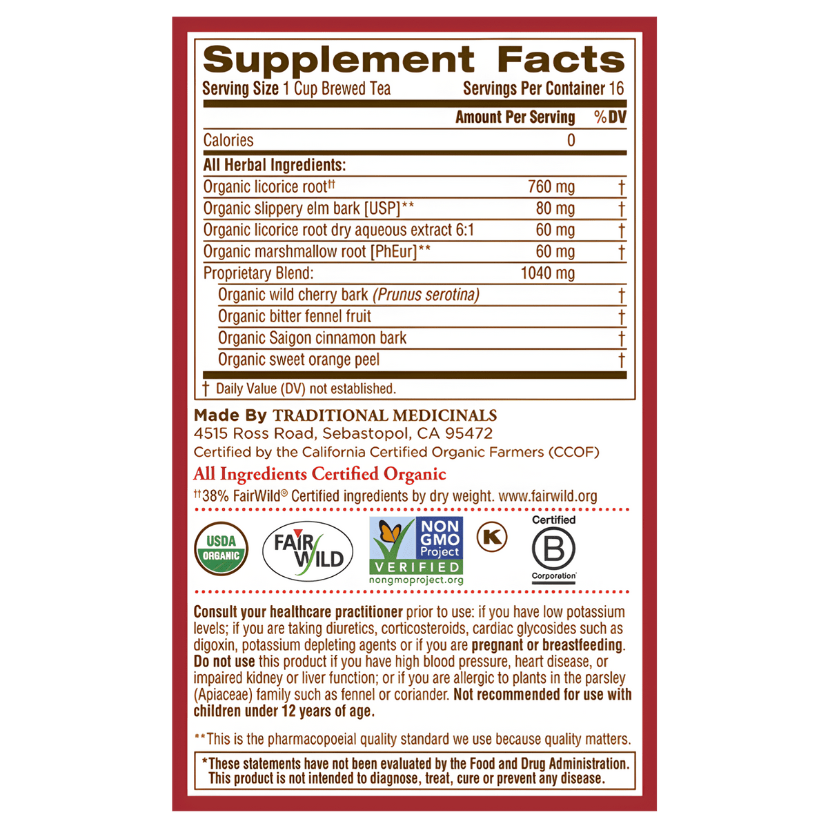 Supplement facts panel from the Throat Coat box listing licorice root, slippery elm and marshmallow root, with cautions