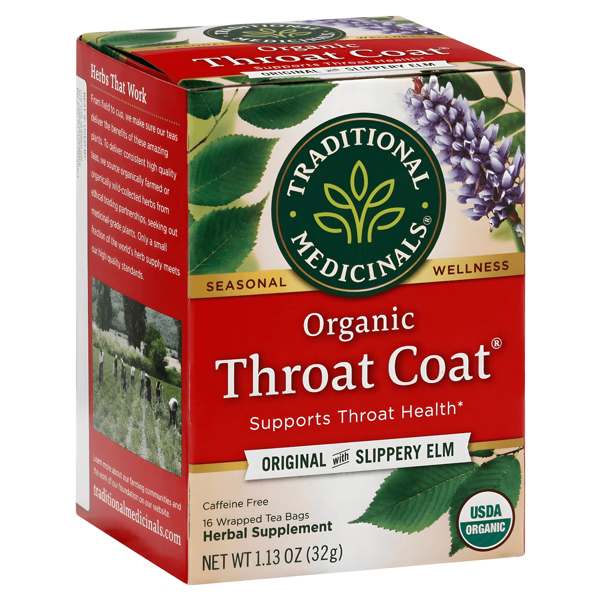 Traditional Medicinals Organic Throat Coat tea box, Original with Slippery Elm, 16 wrapped bags, caffeine free