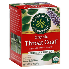 Traditional Medicinals Organic Throat Coat tea box, Original with Slippery Elm, 16 wrapped bags, caffeine free