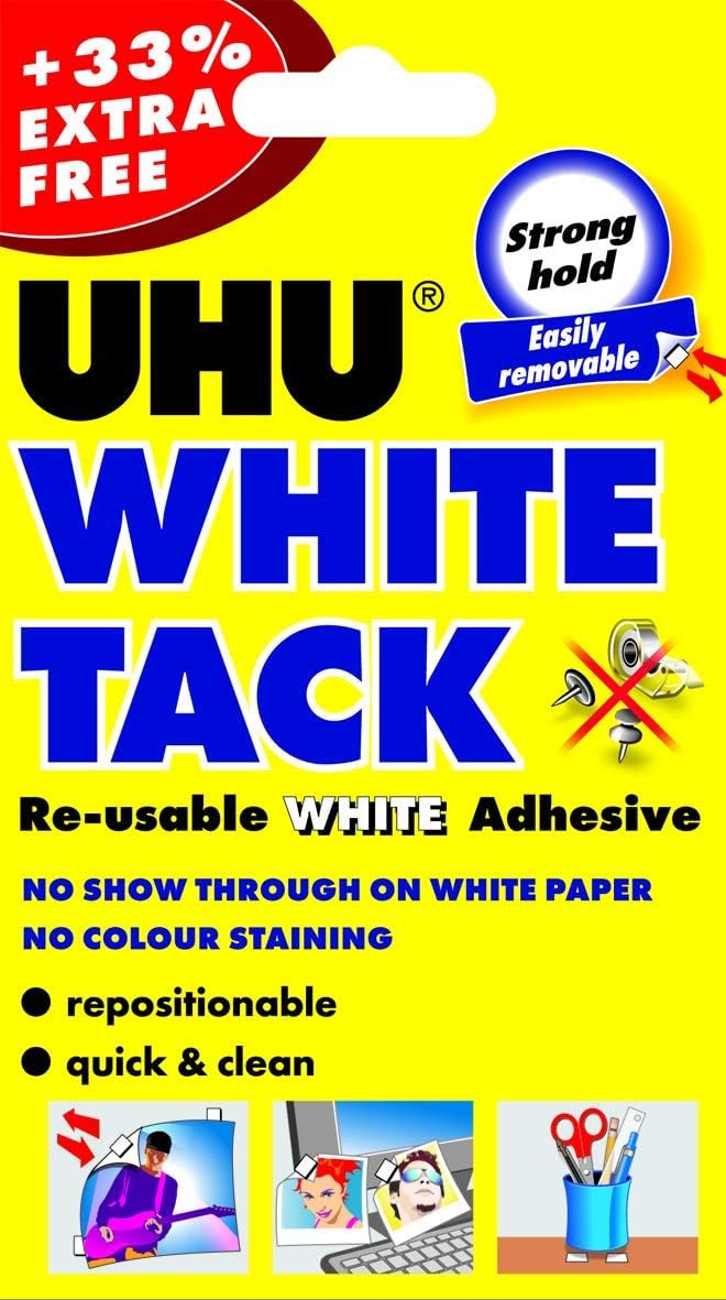 UHU White Tack pack, yellow card marked +33% extra free, re-usable white adhesive, no show through on white paper