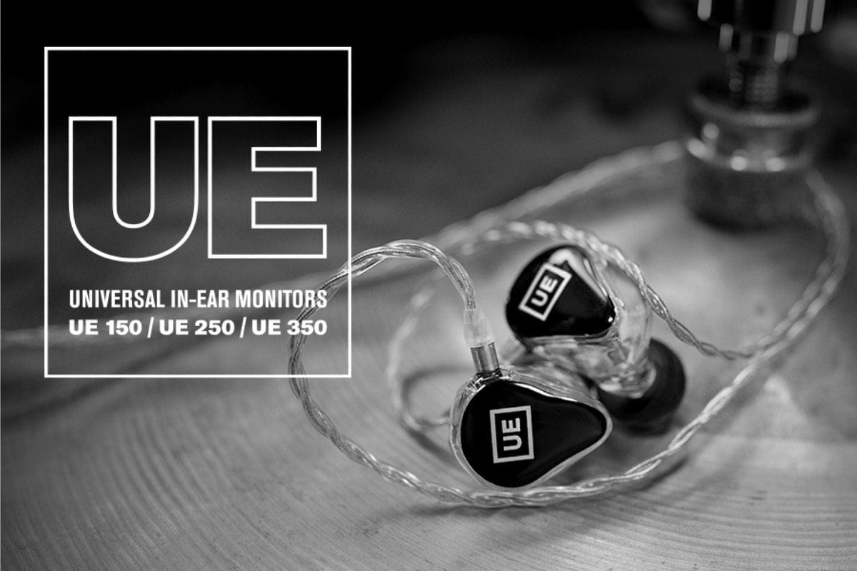 Black-and-white Ultimate Ears Universal In-Ear Monitors graphic naming UE 150, UE 250 and UE 350