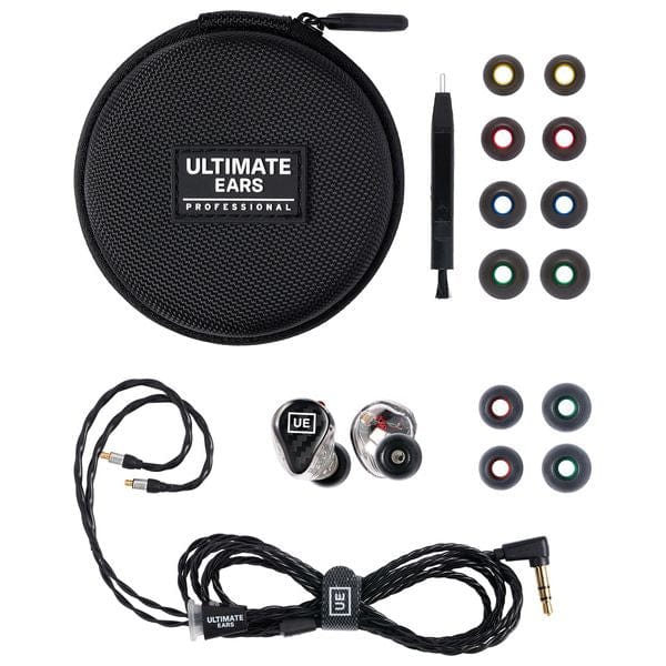 UE 250 box contents: zip carry case, cleaning tool, silicone and foam tips, earpieces and black cable with right-angle jack