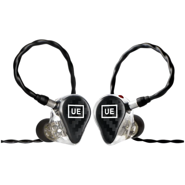 UE 350 earpieces with Black Carbon faceplates, clear shells and black braided cable, red dot on the right side