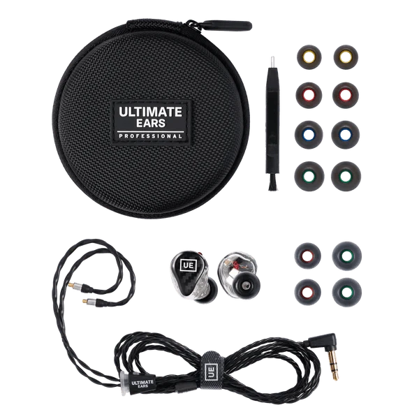 UE 350 contents laid out: zip carry case, wax cleaning tool, assorted ear tips, earpieces and black IPX cable