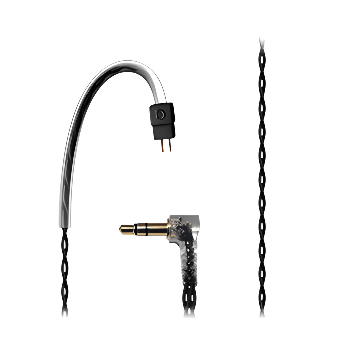 Black U2 replacement IEM cable showing the two-pin earpiece connector, ear-loop section and right-angle 3.5mm jack