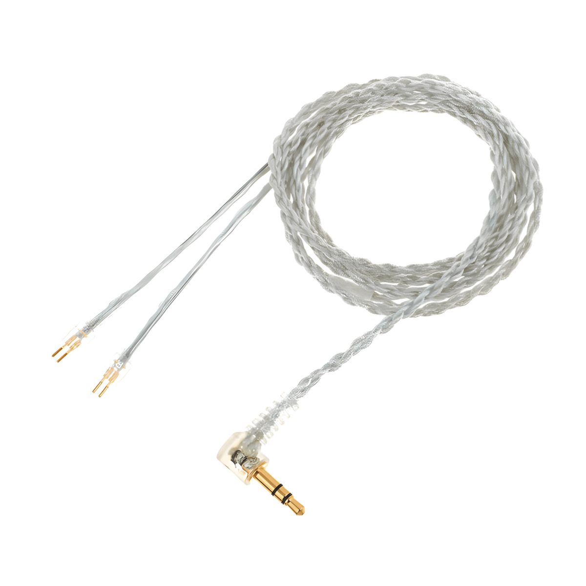 Clear twisted U2 replacement IEM cable with bare two-pin connectors and gold right-angle 3.5mm jack