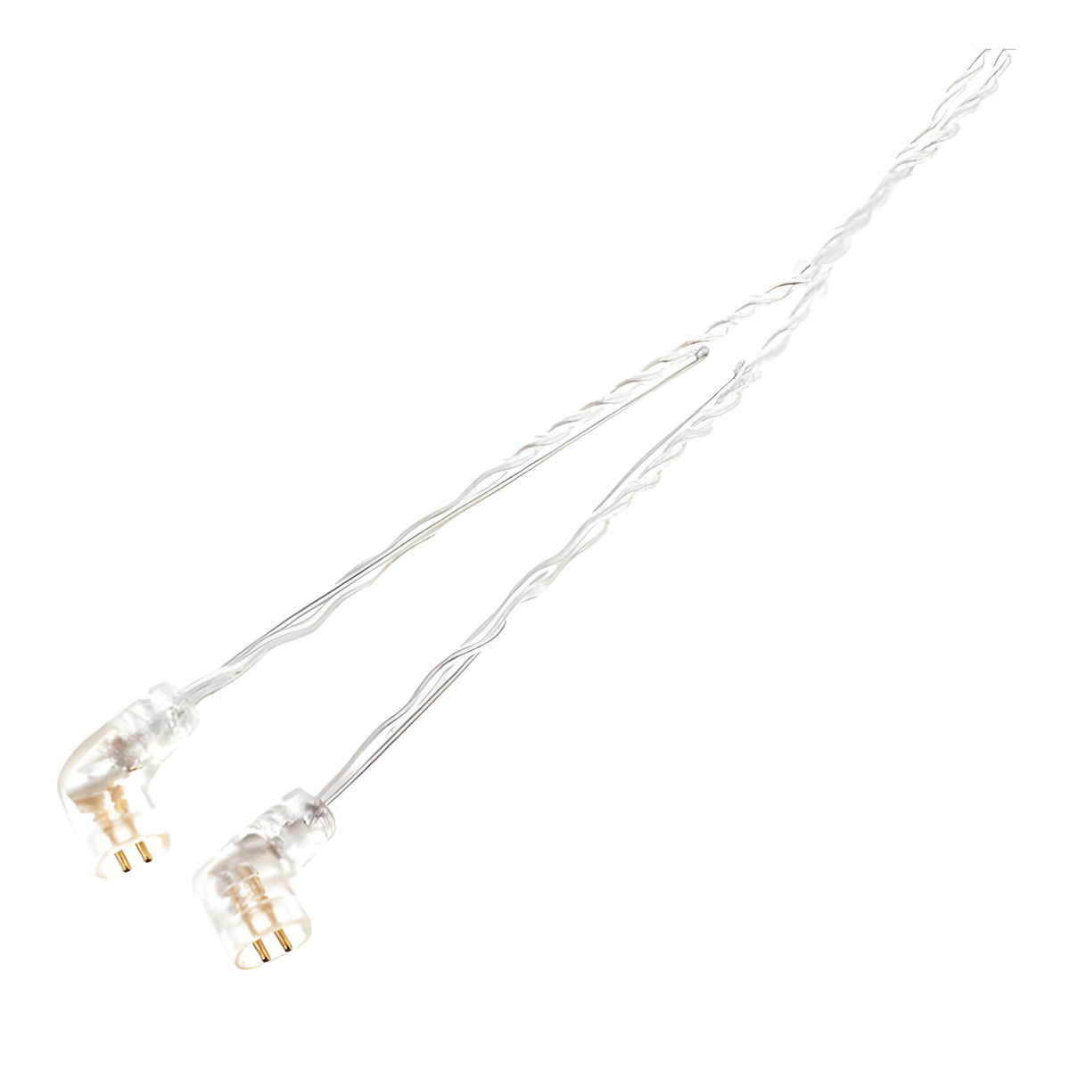 Pair of angled two-pin SL earpiece connectors in clear housings on the Ultimate Ears cable