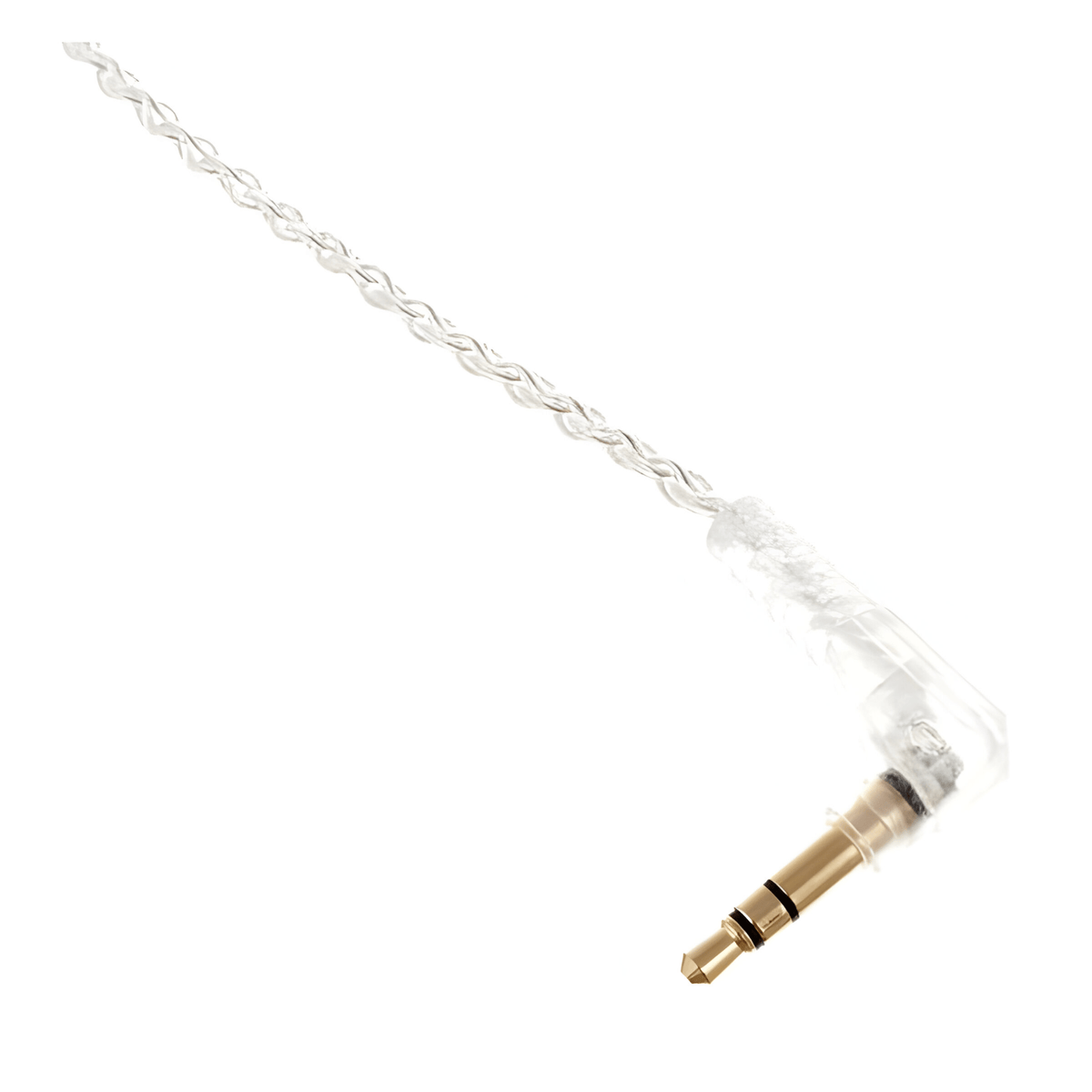 Close-up of the SL cable's gold right-angle 3.5mm jack in a clear housing