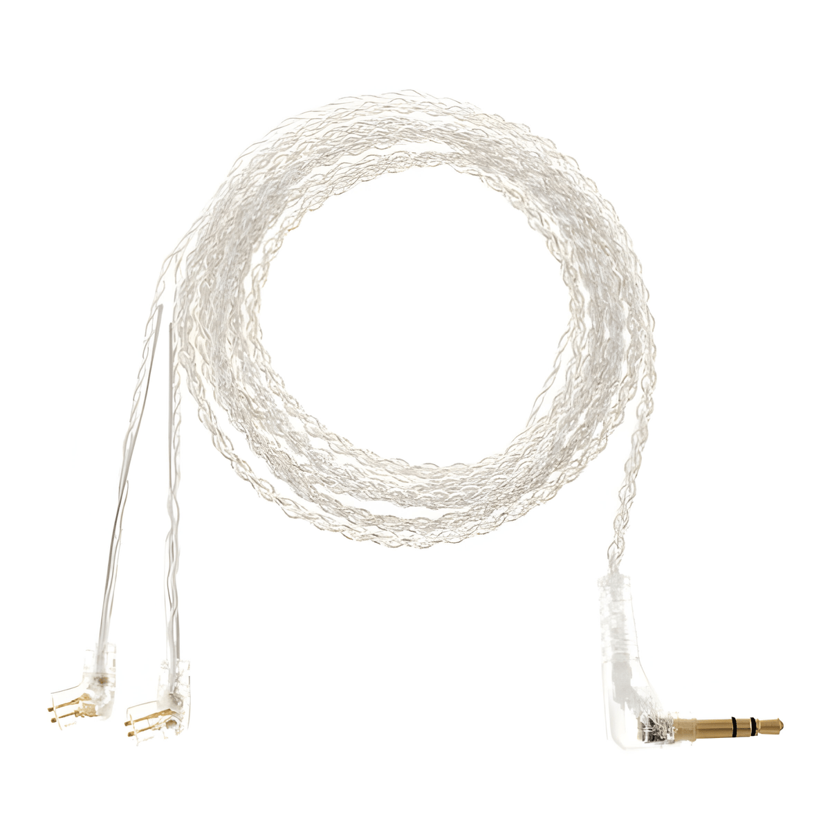 Clear braided Ultimate Ears SL replacement IEM cable, coiled, with angled SL connectors and 3.5mm jack