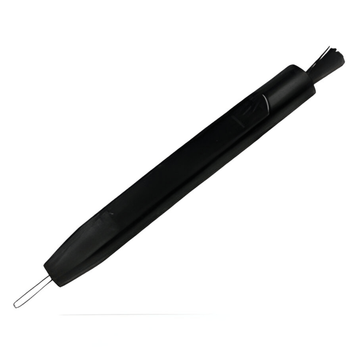 Black pen-style IEM cleaning stick with a wire wax loop at one end, a brush at the other and a pocket clip