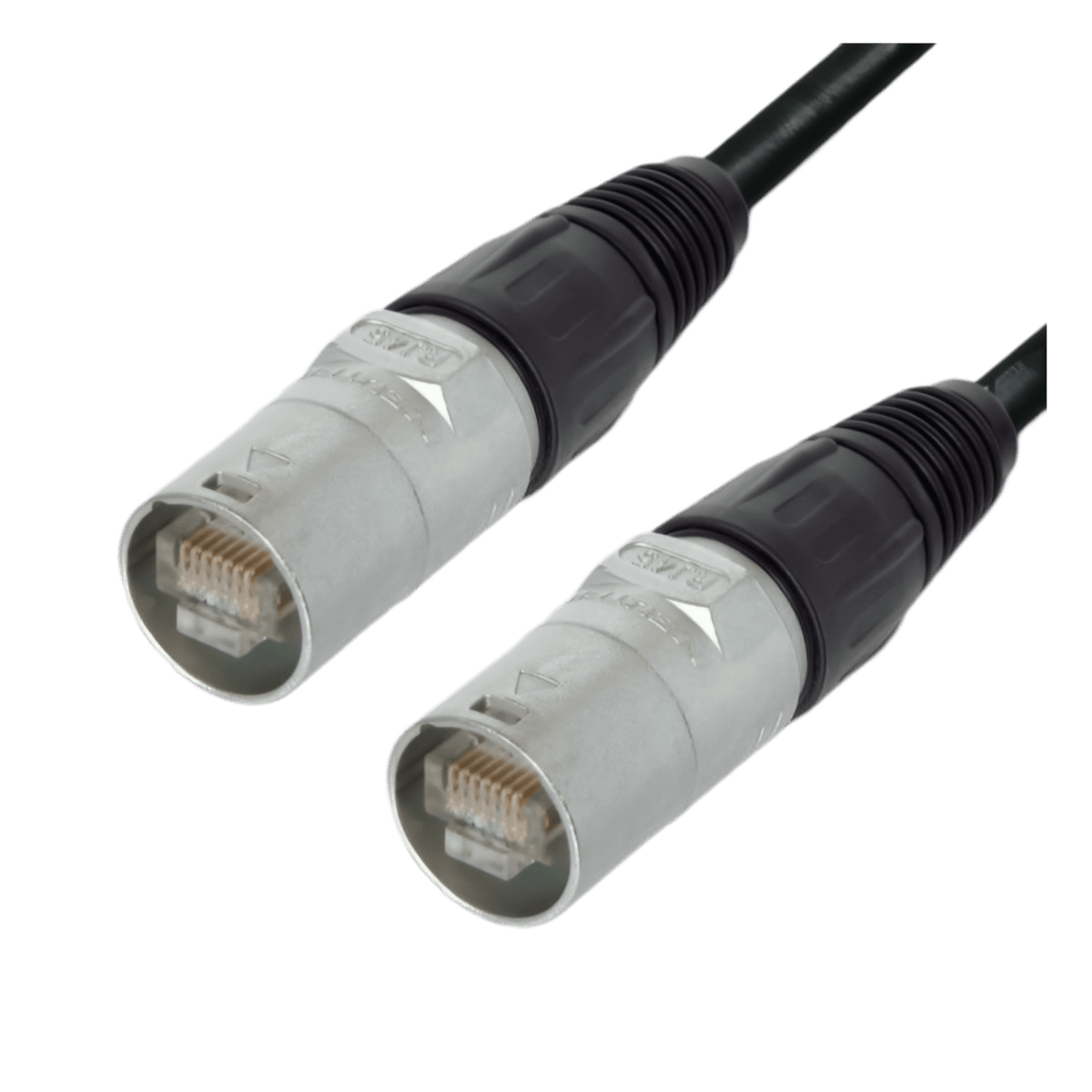 Black Van Damme Tourcat Cat 5E cable with a Neutrik etherCON connector at each end, RJ45 plugs visible inside