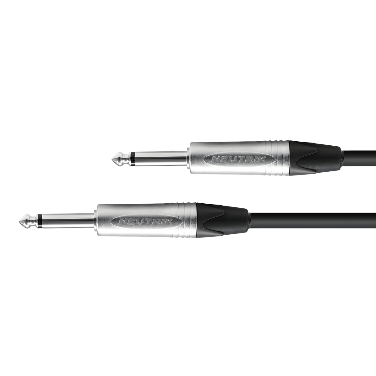 Van Damme mono jack to jack instrument cable with two straight Neutrik 6.35mm mono jack plugs on black cable