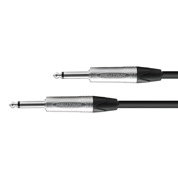 Van Damme mono jack to jack instrument cable with two straight Neutrik 6.35mm mono jack plugs on black cable