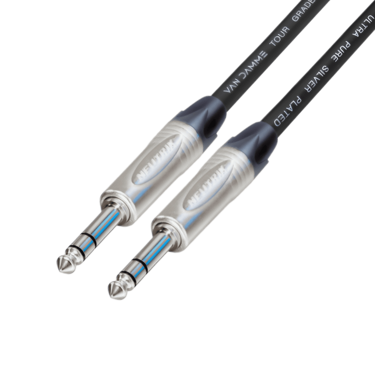 Two Neutrik 6.35mm stereo TRS jack plugs on black Van Damme Tour Grade cable