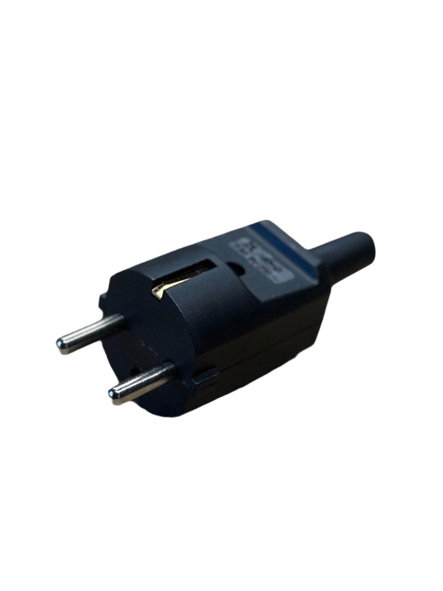 Black rewireable Schuko plug showing its two pins, side earth clips and rear cable entry