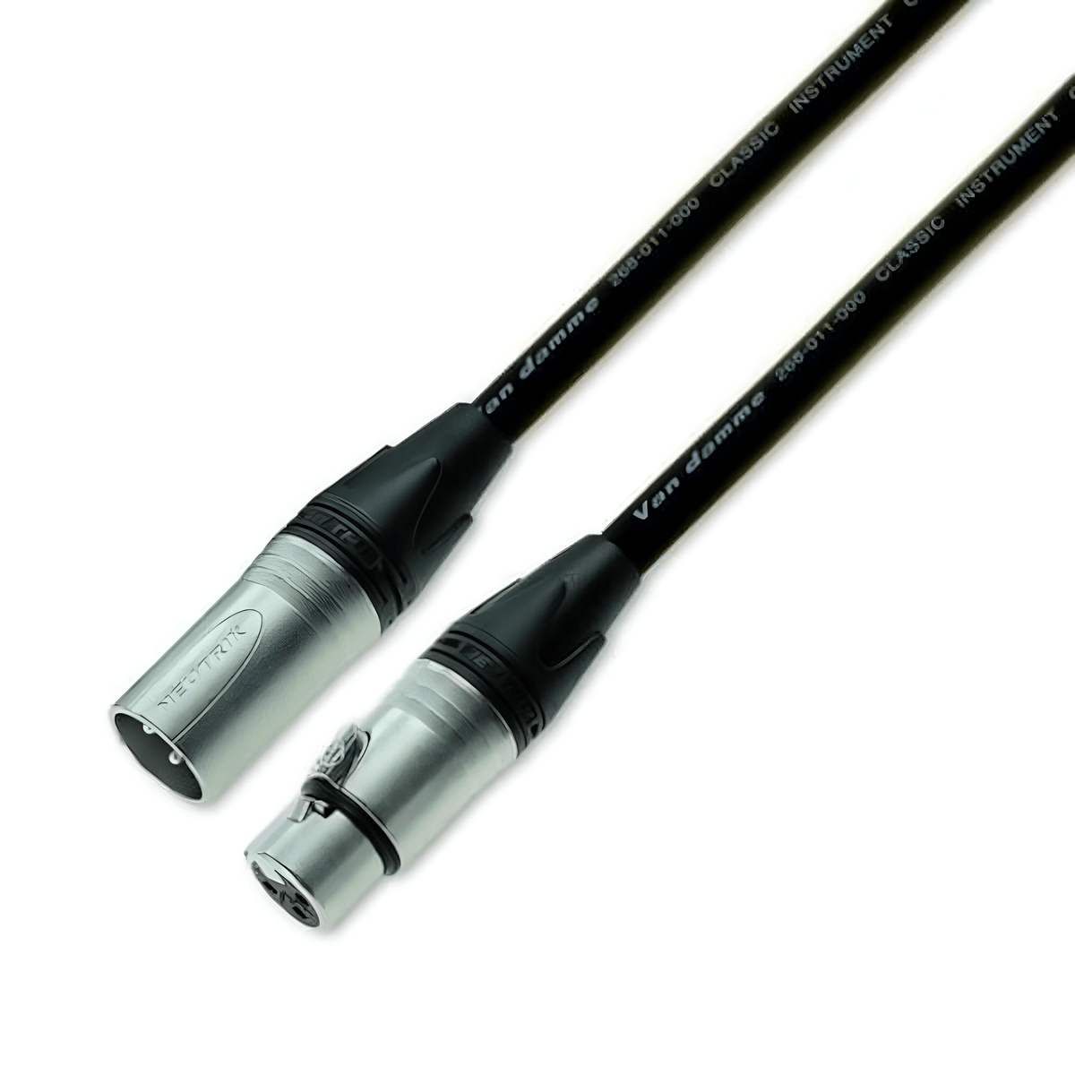 Van Damme XLR cable with Neutrik male and female XLR connectors on black cable with Van Damme jacket printing