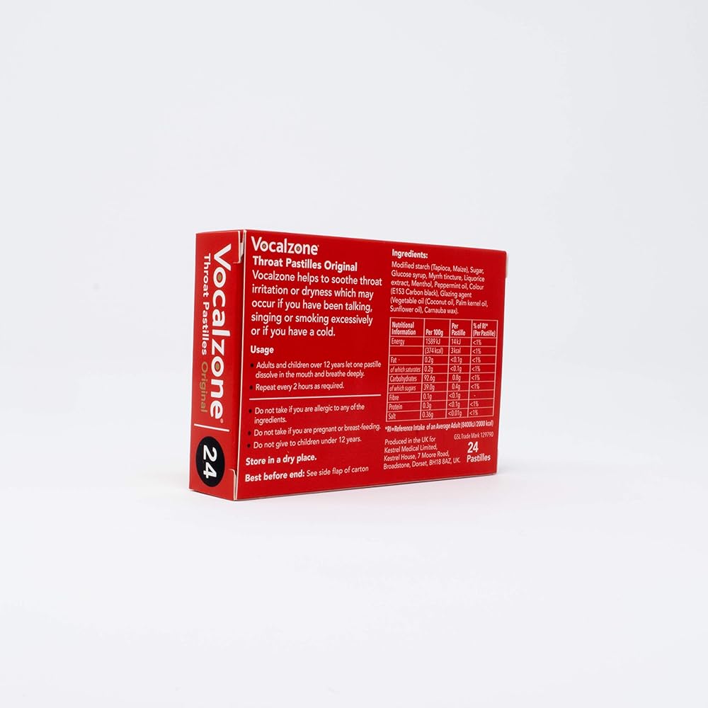 Vocalzone Original box standing at an angle, showing the back panel and the 24 pastilles end flap