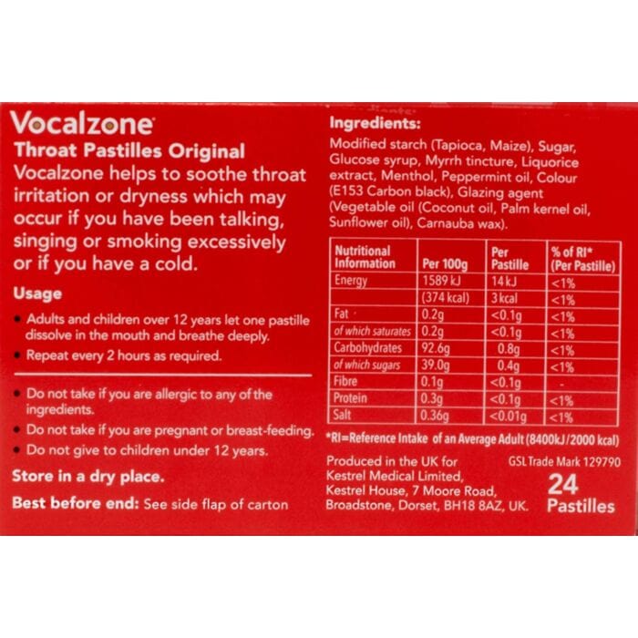 Back of the Vocalzone Original box: usage directions, warnings, ingredients list and nutrition table